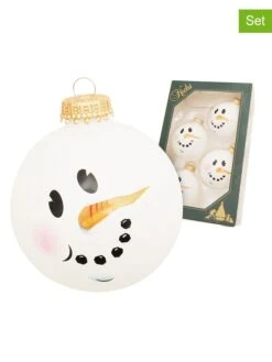 Christbaumkugeln "Schneemann-Gesicht" In Weiß - 4 Stück - Ø 7 Cm