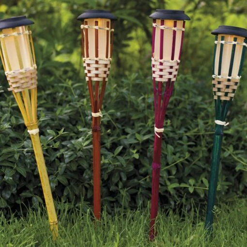 4er Set LED Solar Bambus Fackel In Bunt – Bild 2
