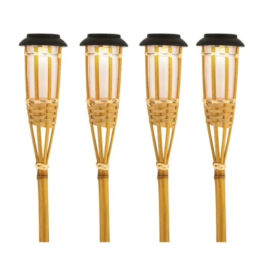 4er Set LED Solar Fackel Gartenfackel Aus Bambus H: 54cm In Natur