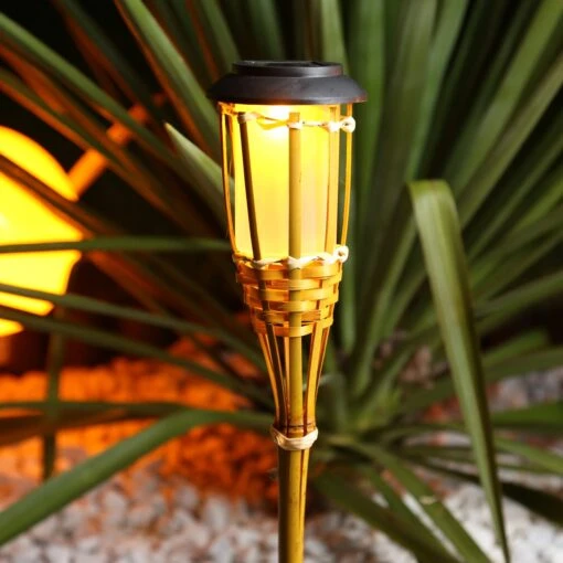 LED Solar Fackel Gartenfackel Aus Bambus H: 54cm In Gelb – Bild 2