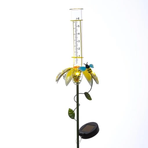 LED Solar Gartenstecker Blume Regenmesser In Gelb - H: 84cm