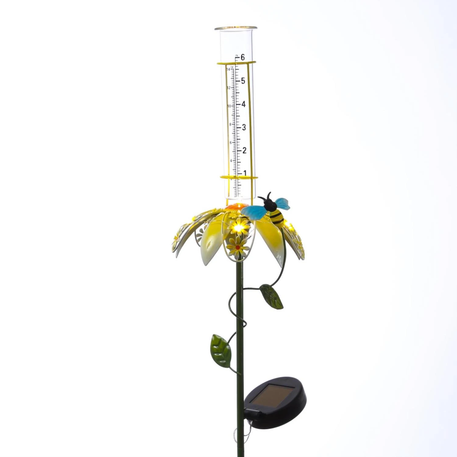 LED Solar Gartenstecker Blume Regenmesser In Gelb - H: 84cm