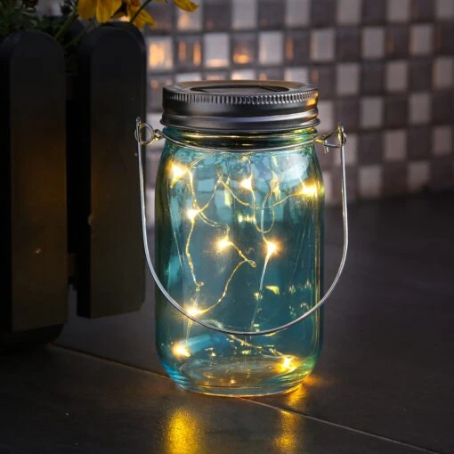 LED Solar Glas Windlicht H: 14cm In Blau – Bild 2