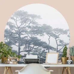 Runde Tapete - Baumkronen Im Nebel In Grau -Heimdekoration Verkäufe wallart runde tapete baumkronen im nebel in grau 2