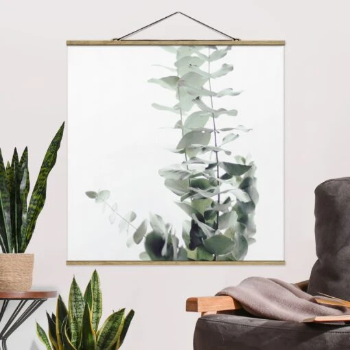 Stoffbild Mit Posterleisten - Eukalyptus Im Weißen Licht In Grün – Bild 2