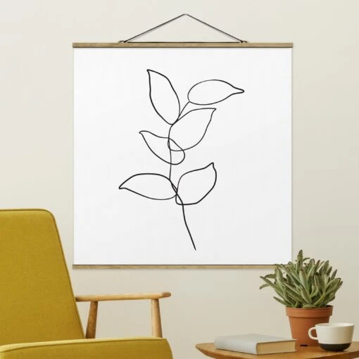 Stoffbild Mit Posterleisten - Line Art Zweig Schwarz Weiß In Schwarz-Weiß – Bild 2