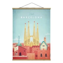 Stoffbild Mit Posterleisten - Reiseposter - Barcelona In Rot