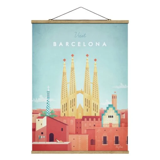 Stoffbild Mit Posterleisten - Reiseposter - Barcelona In Rot – Bild 5