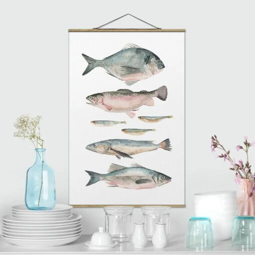 Stoffbild Mit Posterleisten - Sieben Fische In Aquarell II In Pastell – Bild 2