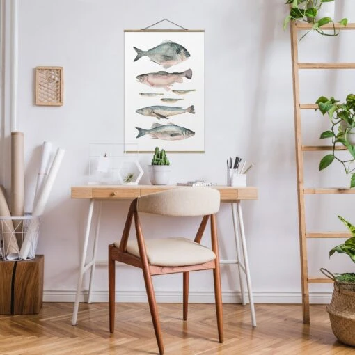 Stoffbild Mit Posterleisten - Sieben Fische In Aquarell II In Pastell – Bild 3