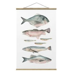 Stoffbild Mit Posterleisten - Sieben Fische In Aquarell II In Pastell