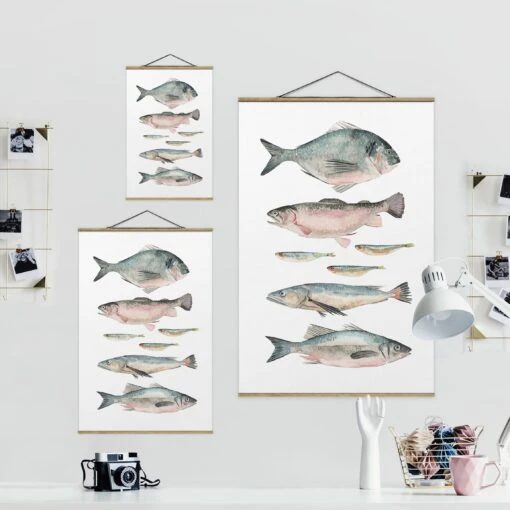 Stoffbild Mit Posterleisten - Sieben Fische In Aquarell II In Pastell – Bild 7