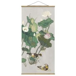 Stoffbild - Vintage Illustration Lotusblüten Im Teich In Grün