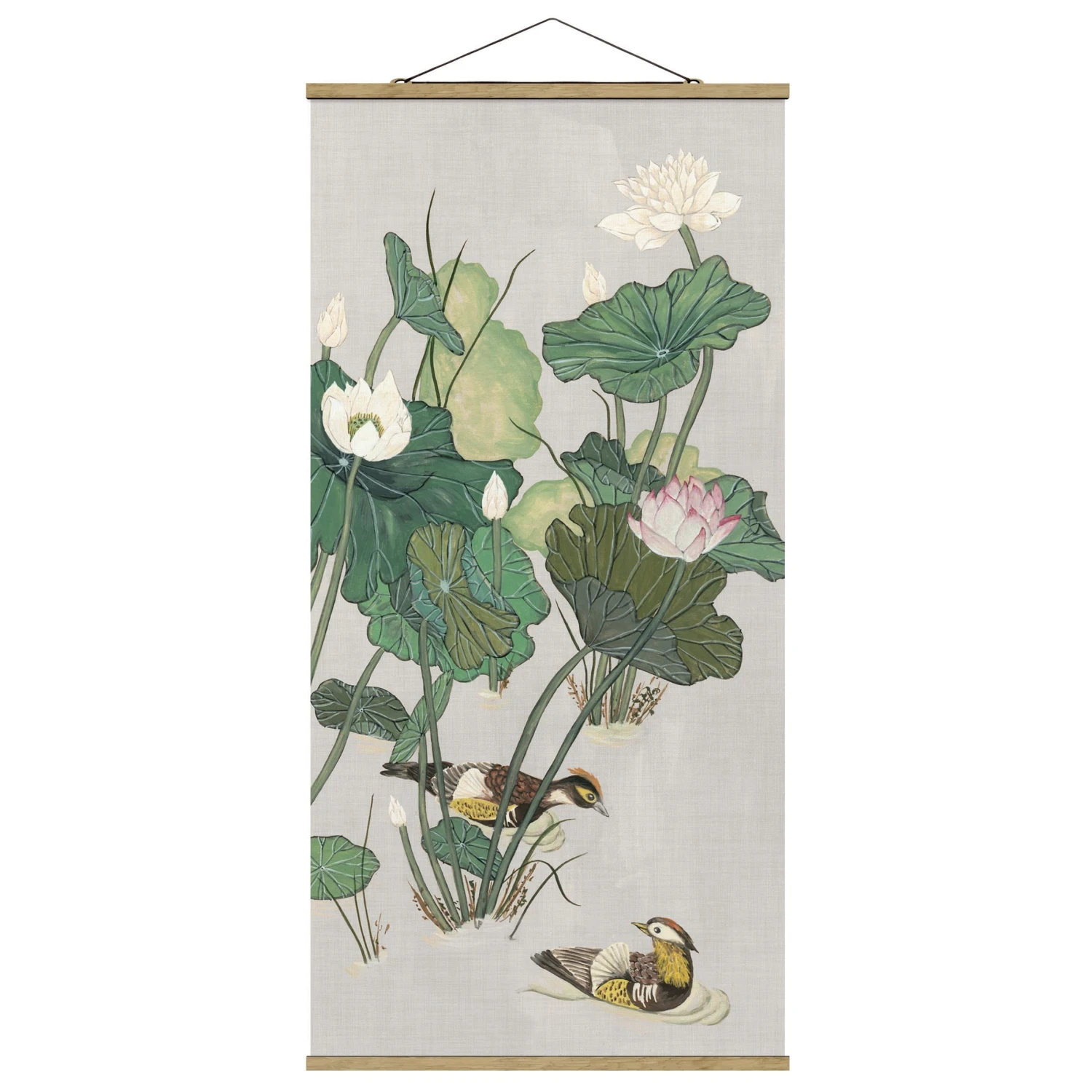 Stoffbild - Vintage Illustration Lotusblüten Im Teich In Grün 3 Stoffbild - Vintage Illustration Lotusblüten Im Teich In Grün